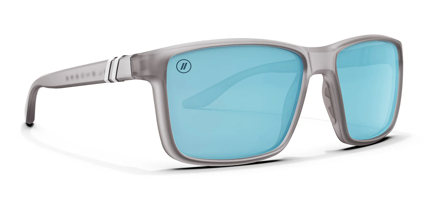 Blenders Sunglasses with gray frame and blue lenses on a white background