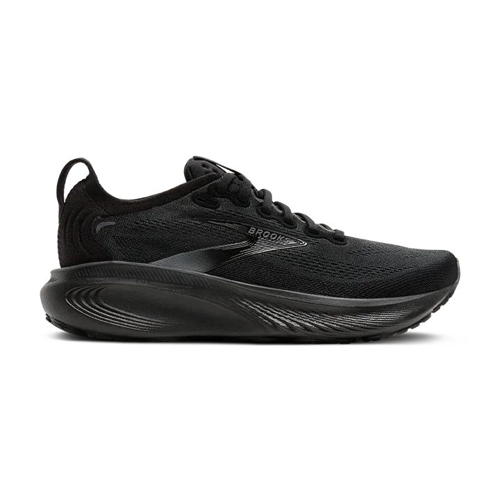 Black running shoe with 'Brooks' branding on a white background