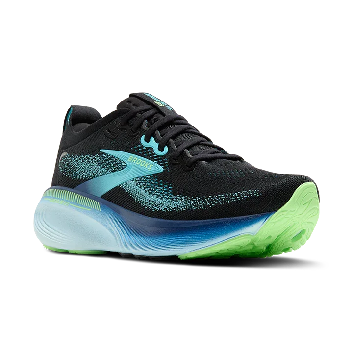 Black running shoe with blue and green accents on a white background