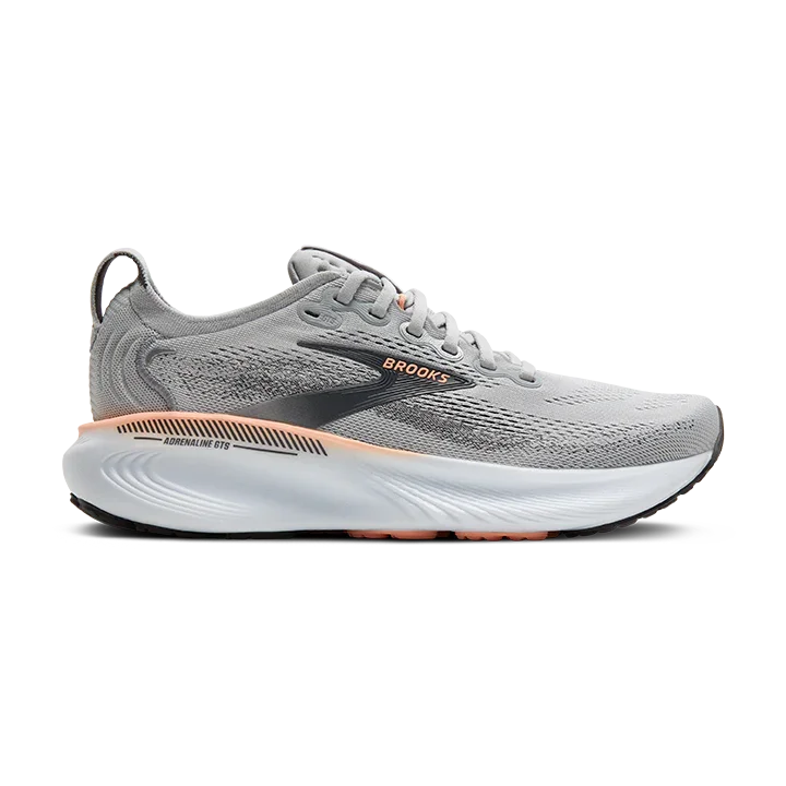 Gray running shoe with white sole on a white background