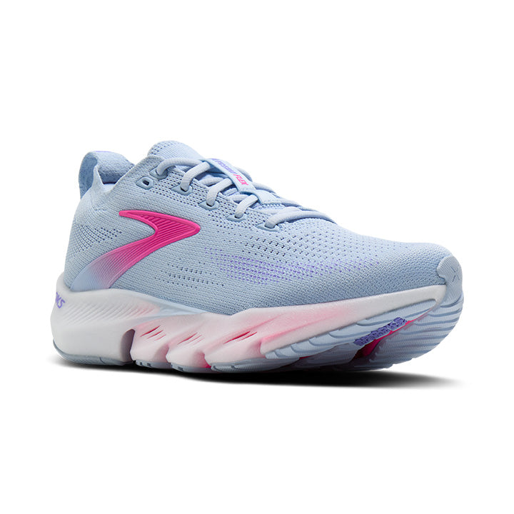 Light blue Brooks running shoe with pink accents and white sole on a white background