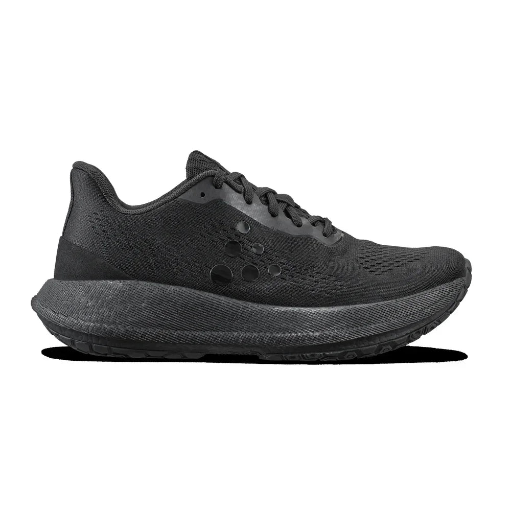 Black running shoe on a white background