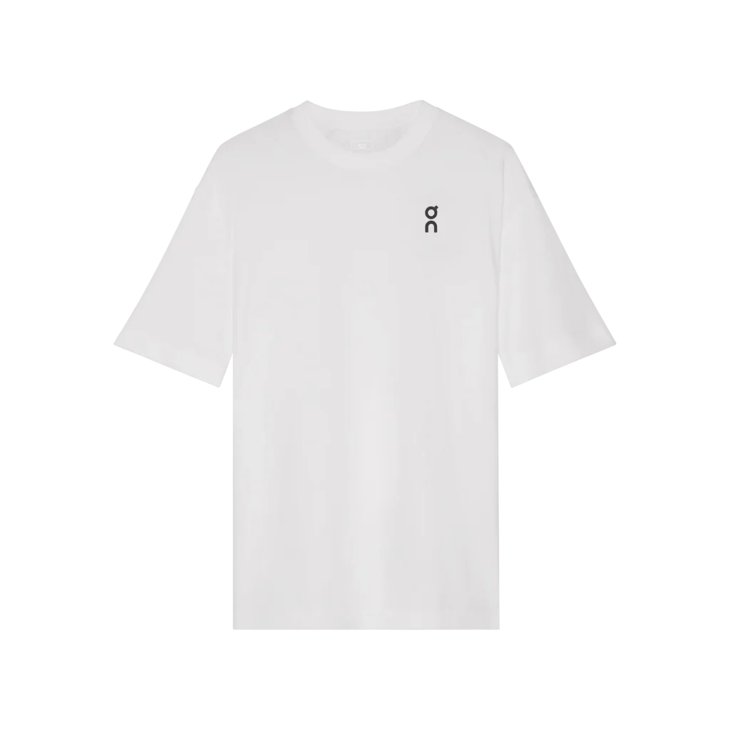 Front view of white t-shirt with small logo on chest