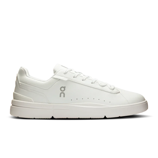 Side profile view of white faux leather shoe