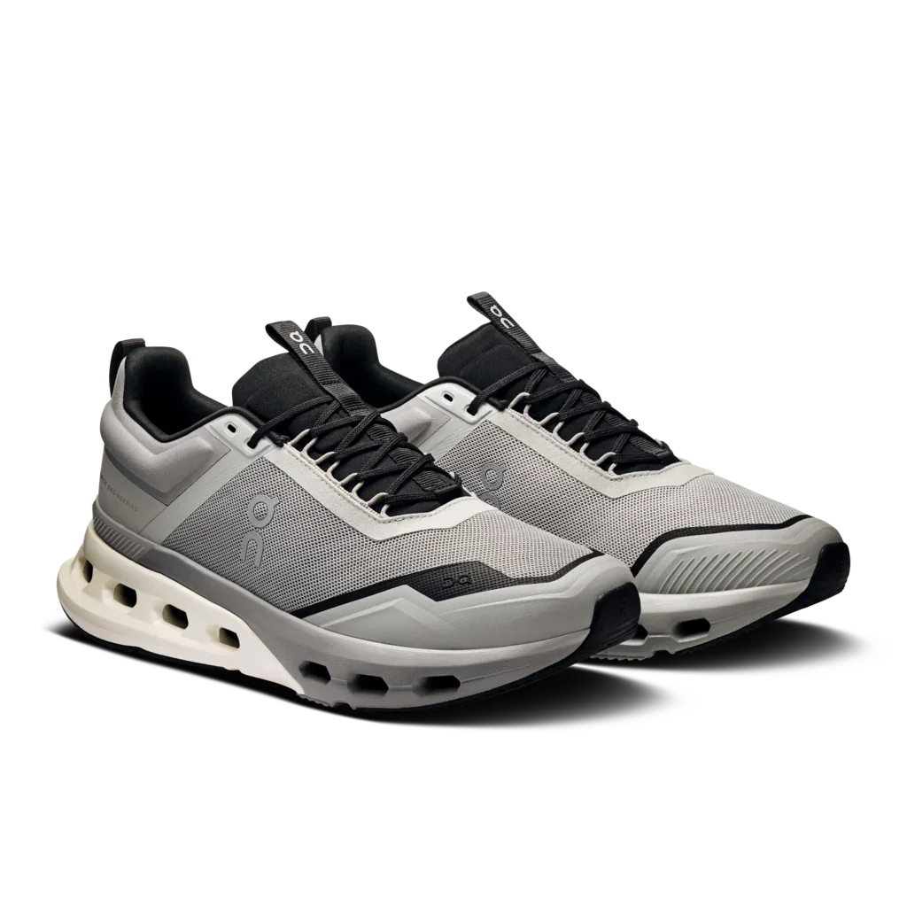 On Men's Cloudnova X Cross-Training Shoes diagonal angle of gray upper with black detailing and white sole