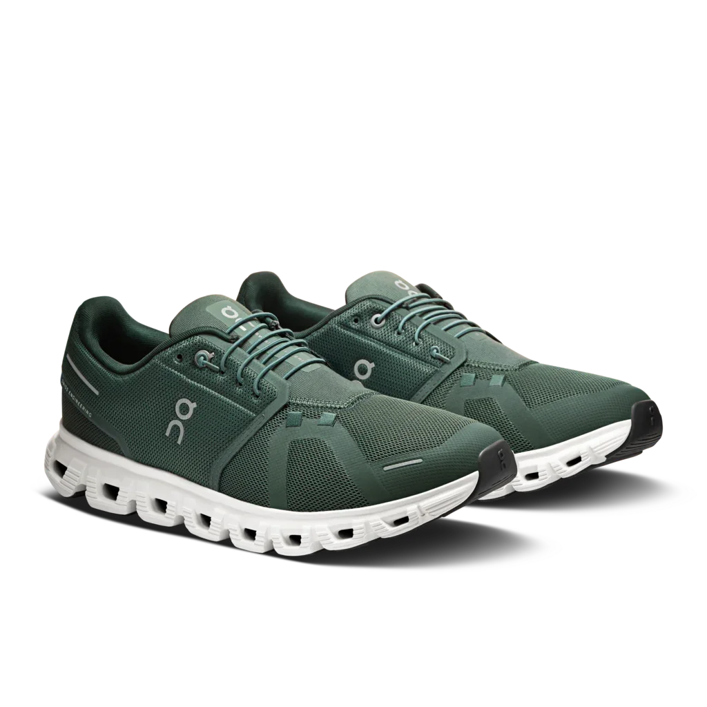 On Men's Cloud 6 Sneakers diagonal angle green upper with white sole