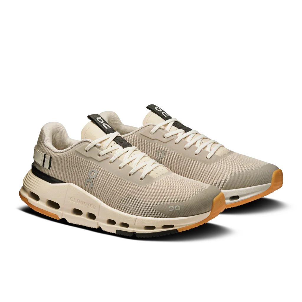 On Men's Cloudnova Form 2 Cross-Training Shoes diagonal angle with beige upper and white sole