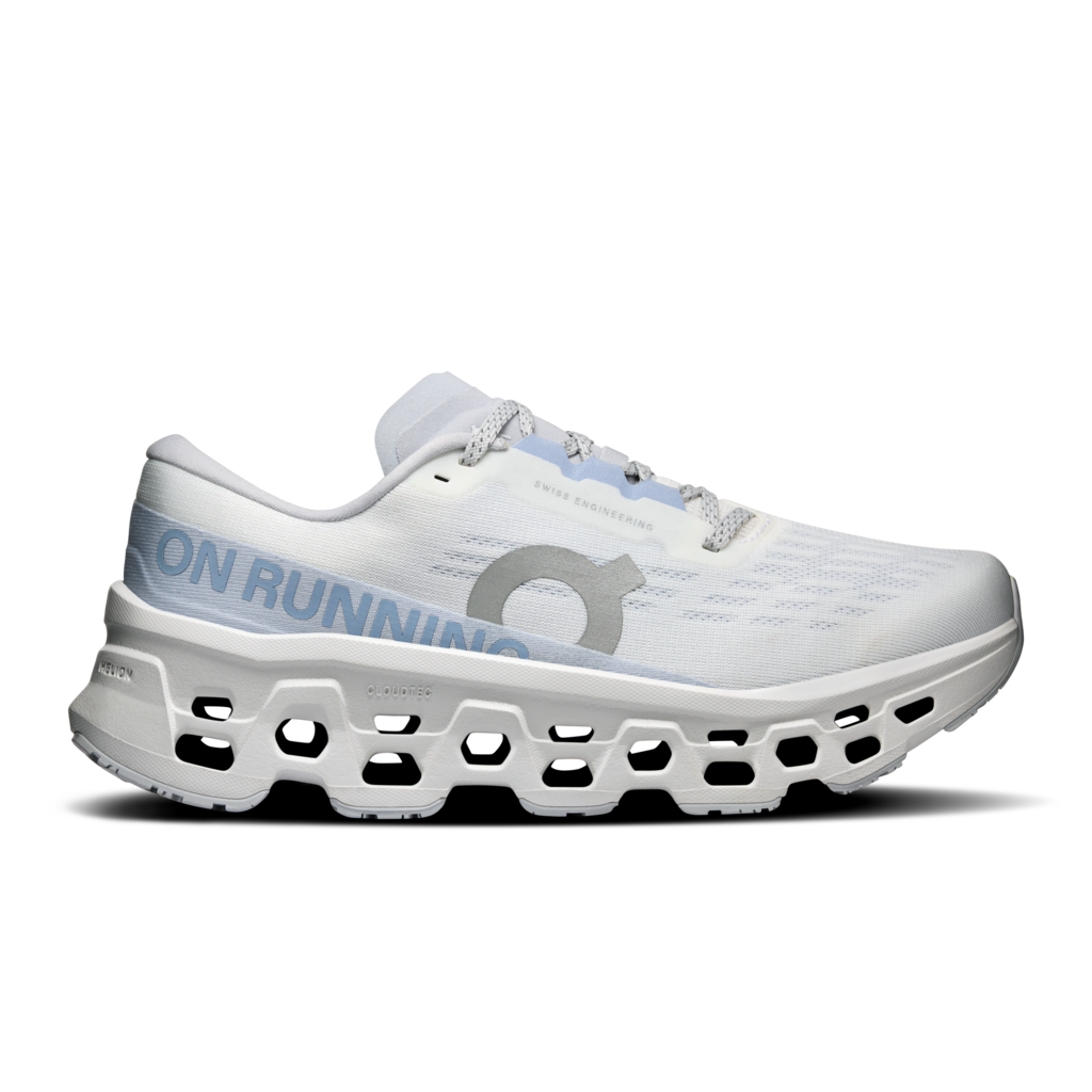 White running shoe with blue text on a white background
