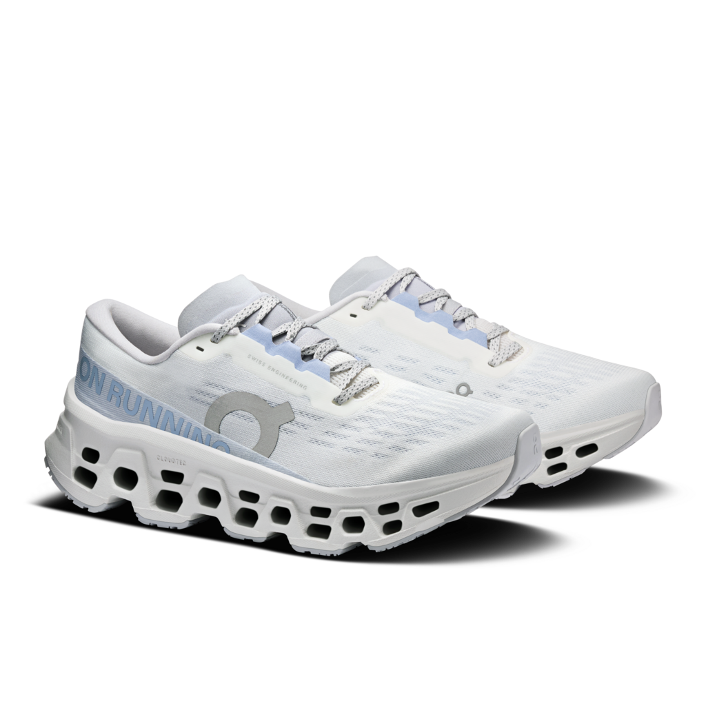 White running shoe with blue accents on a white background