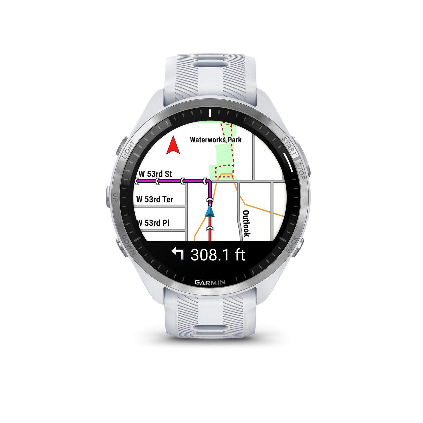 Garmin smartwatch displaying a map on a white background