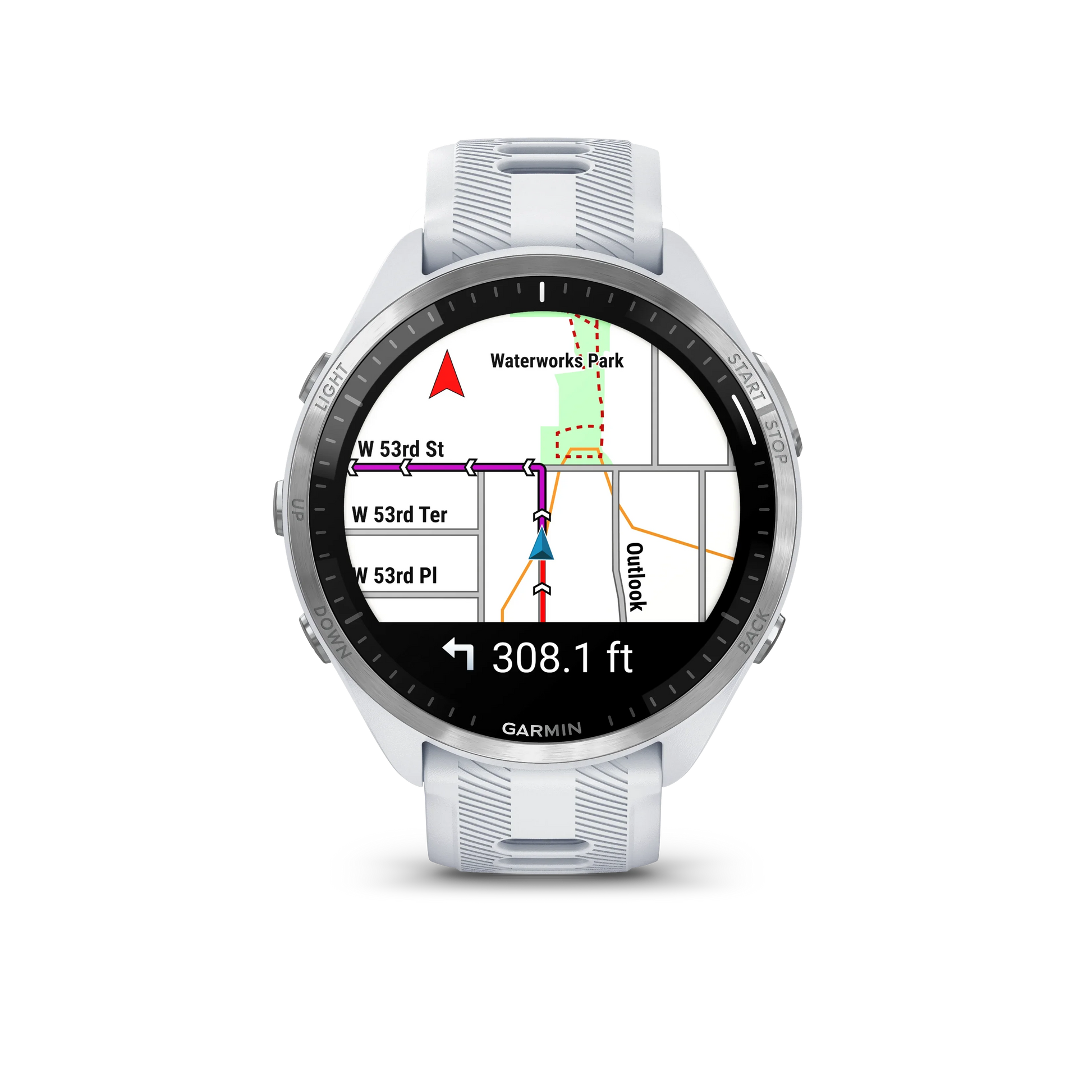 Garmin smartwatch displaying a map on a white background