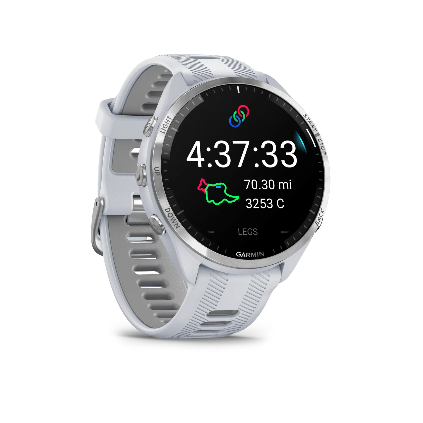 Garmin smartwatch with a white strap 