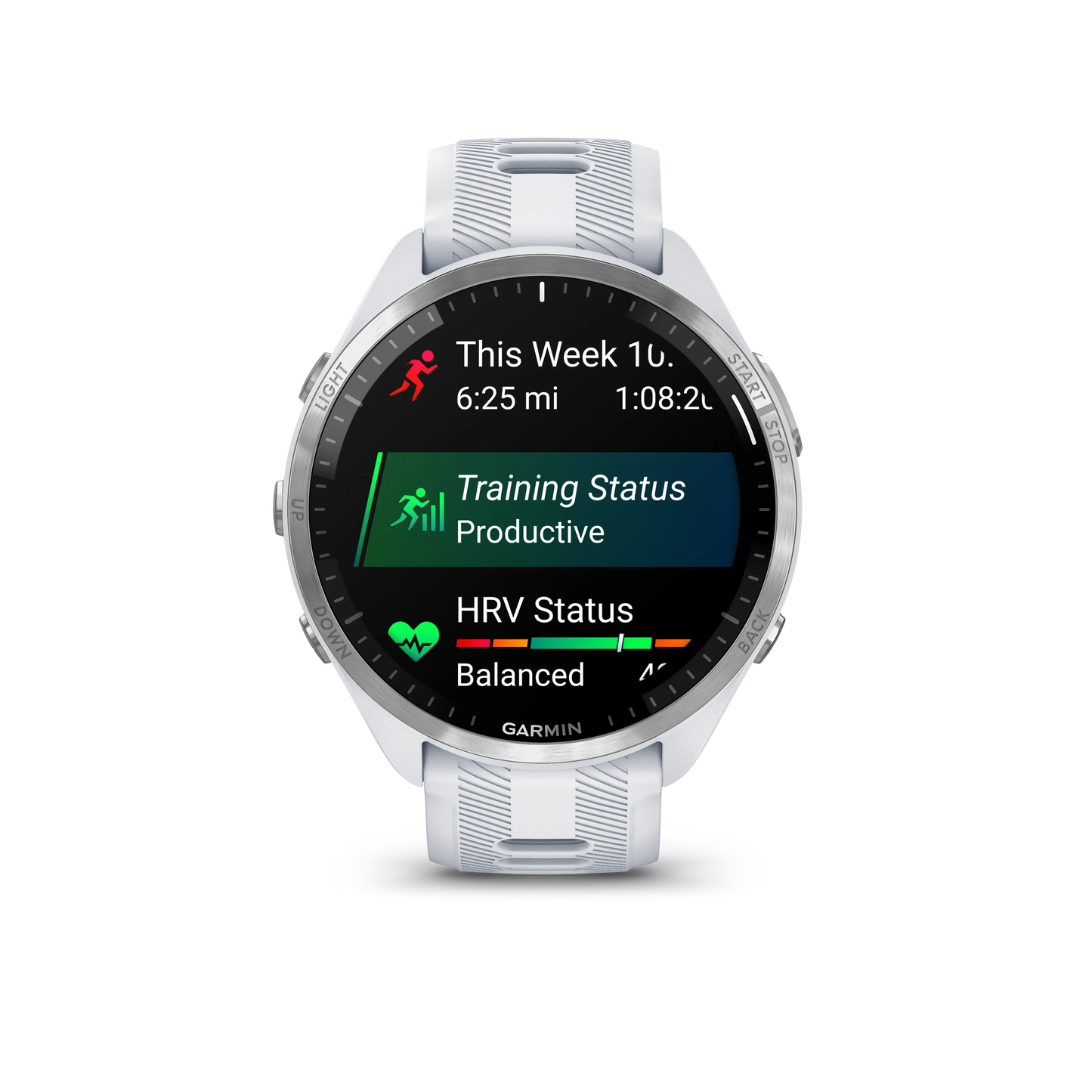 Garmin smartwatch displaying fitness metrics on a white background