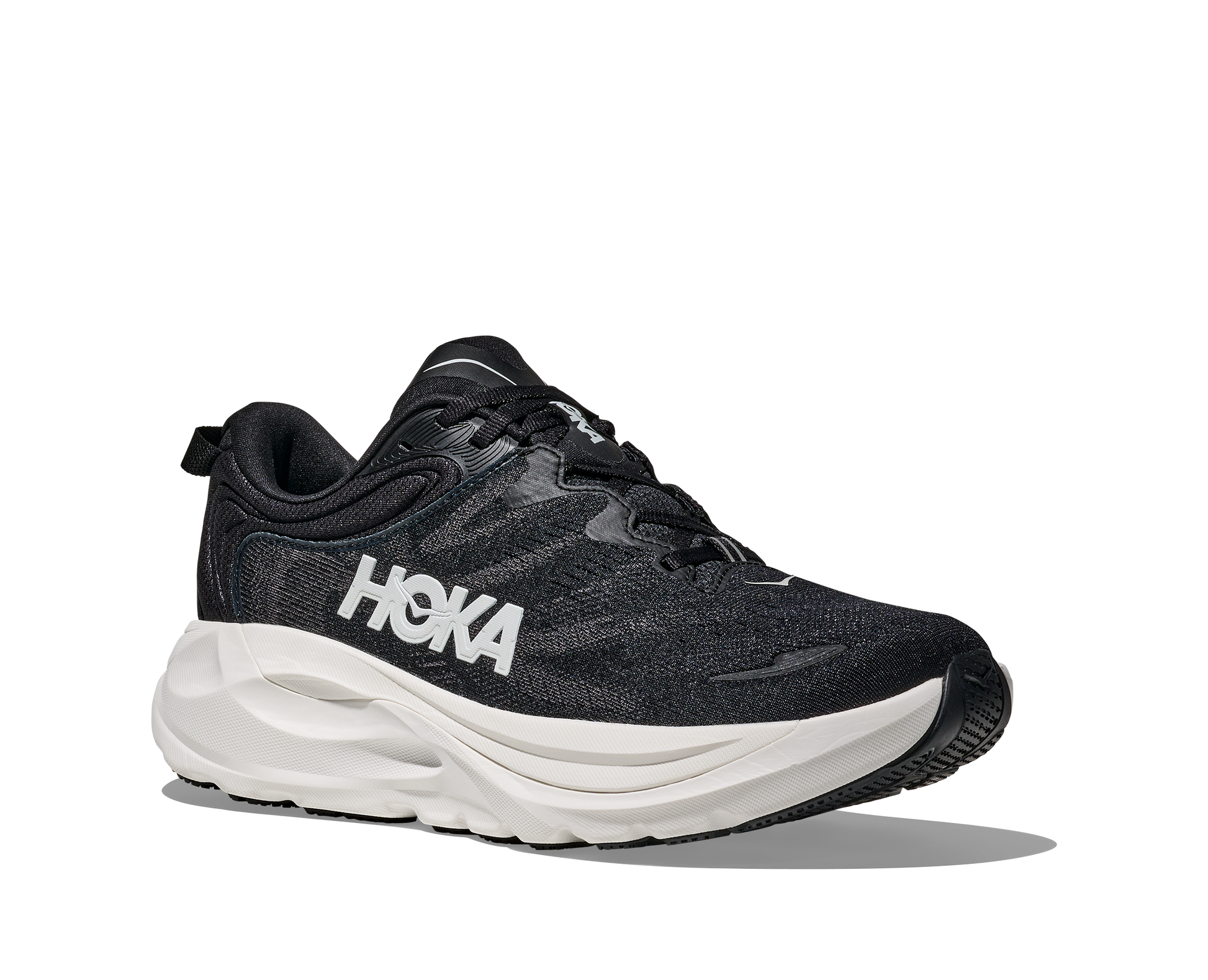 Black Hoka running shoe on a white background