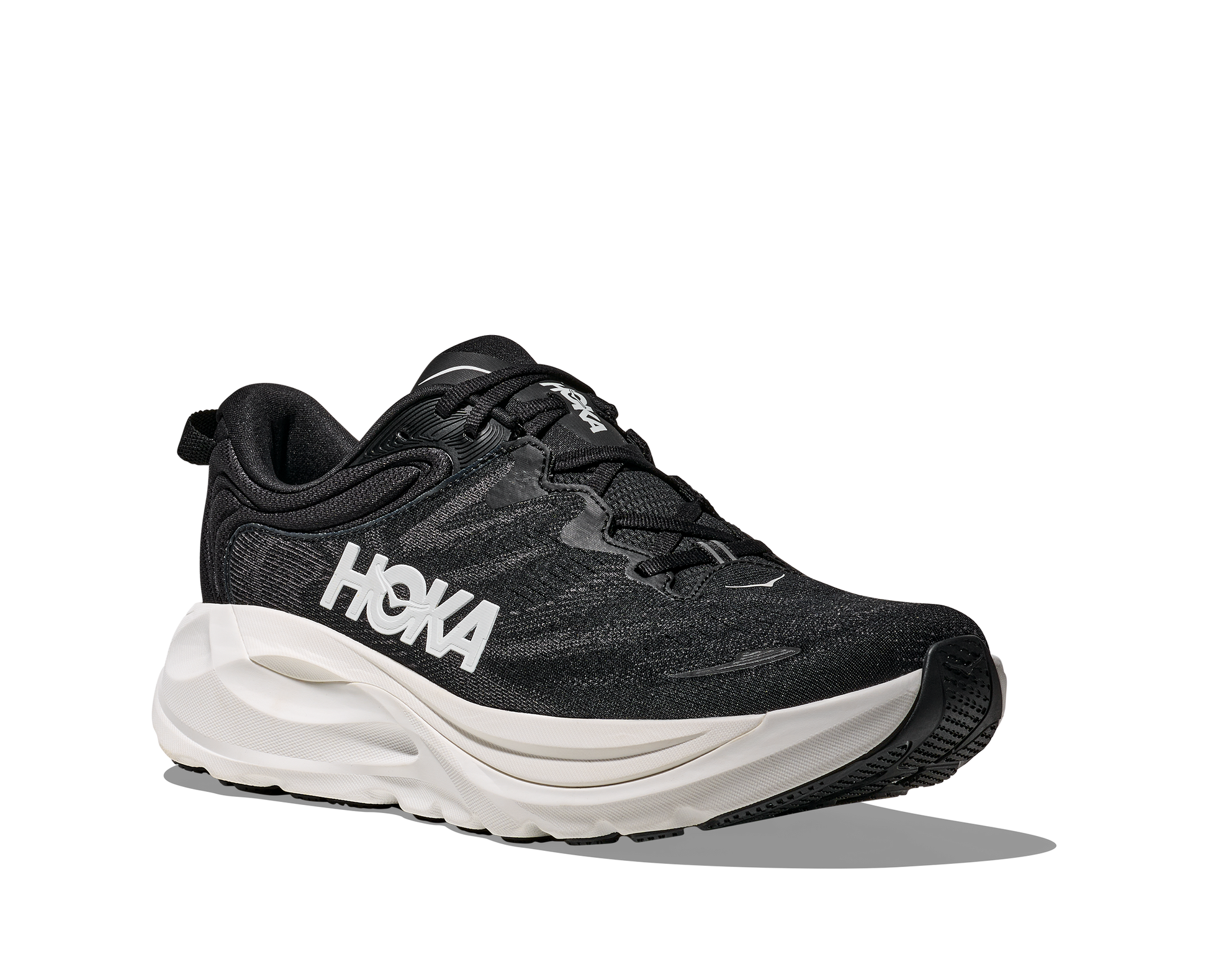 Black running shoe with white sole and white logo on side on a white background