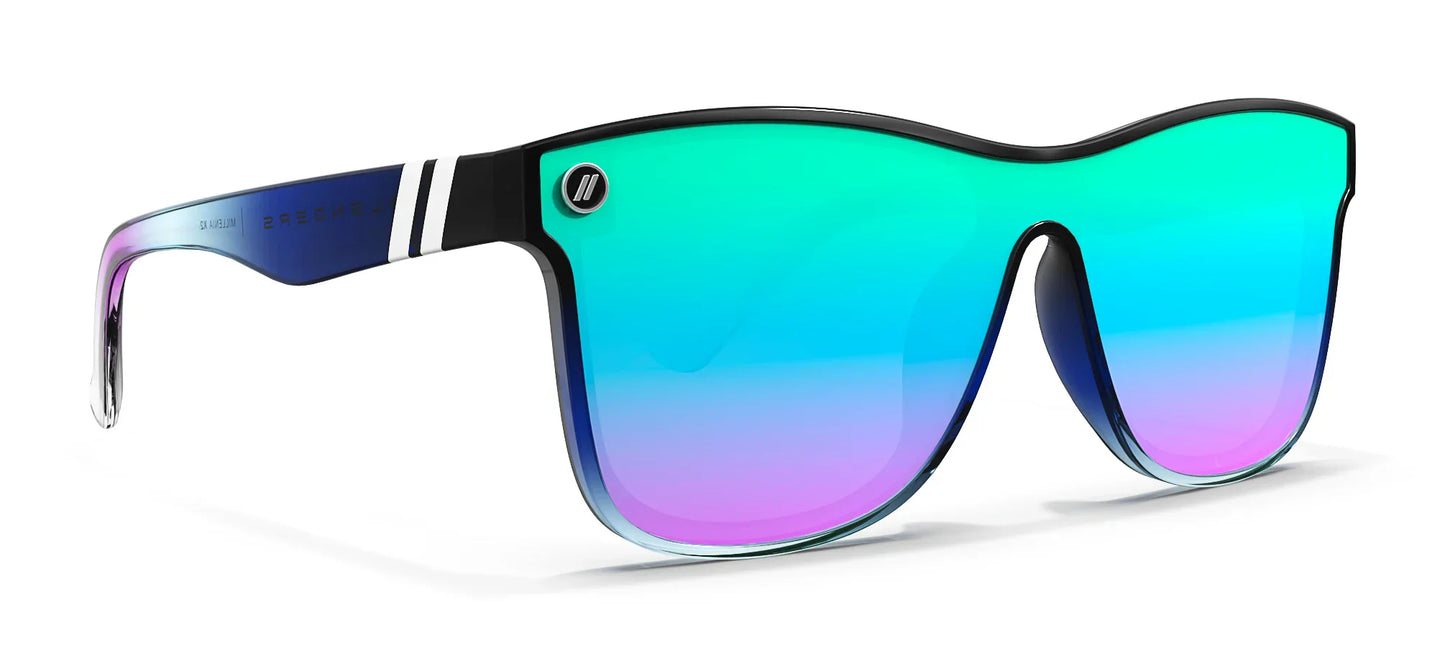 Blenders Sunglasses with gradient blue and purple frame and green-tinted lenses on a white background