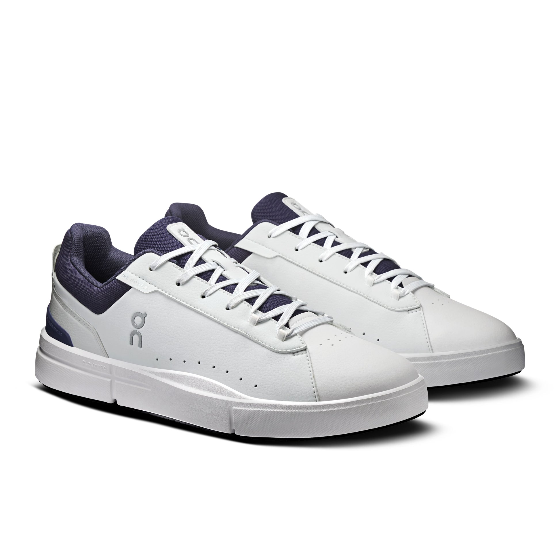 White Roger Advantage sneakers with navy accents on a white background