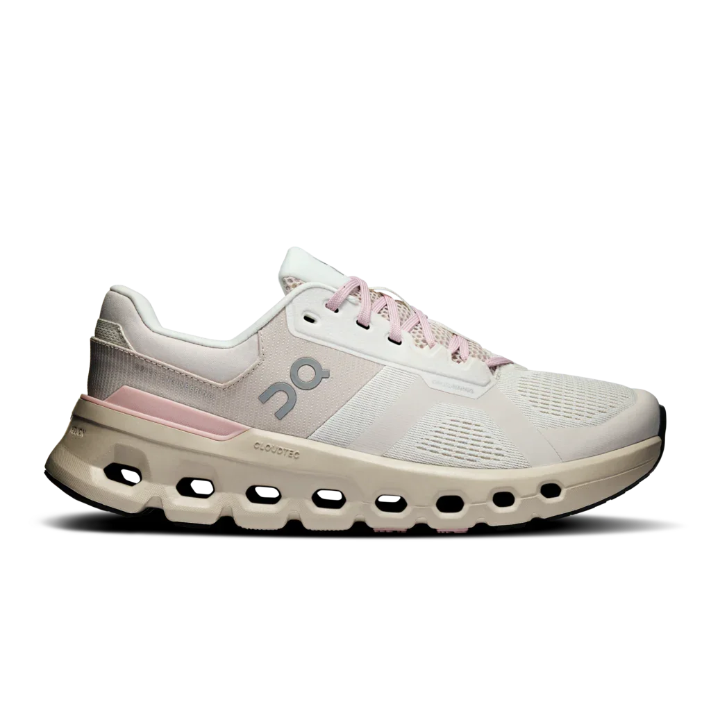 Lateral side view of Women's off white Cloudrunner 2 running shoes with soft pink colored details and off white sole