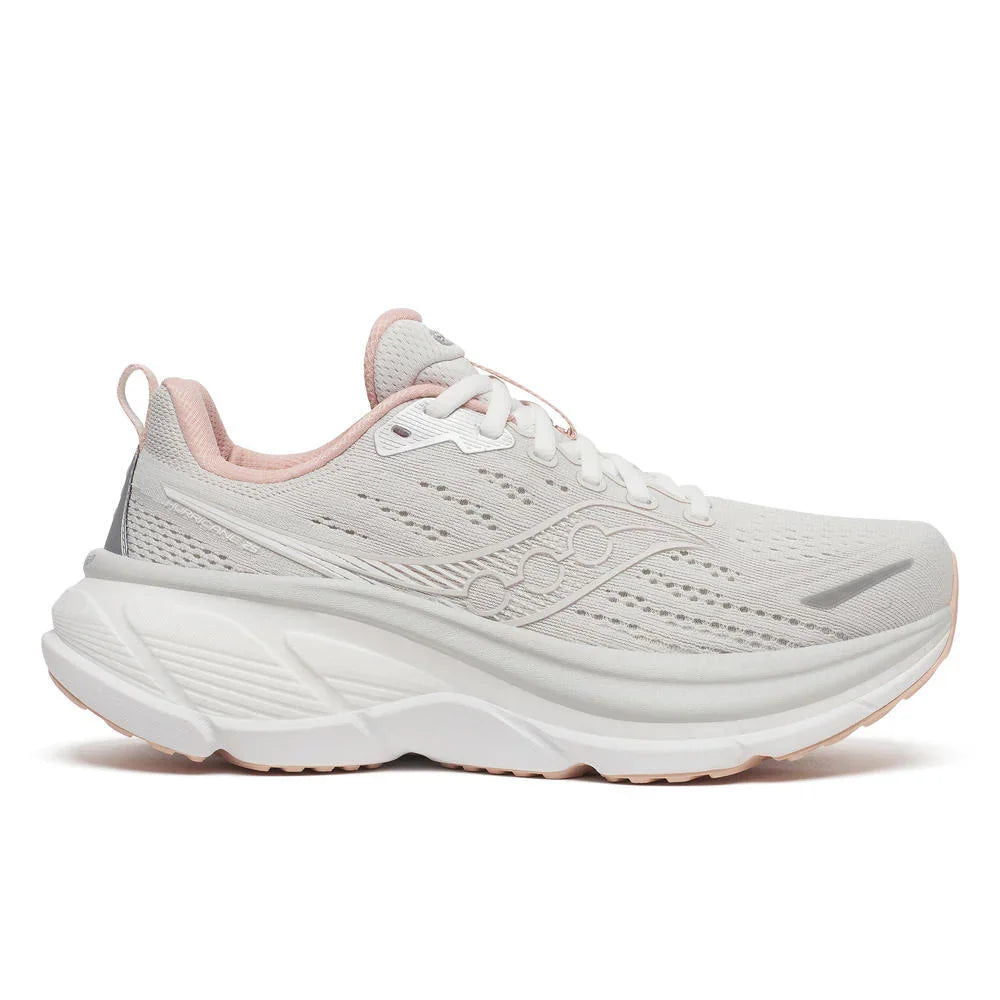 Lateral side view of Women's Dustrose Pink and gray Saucony Hurricane 25 with white sole