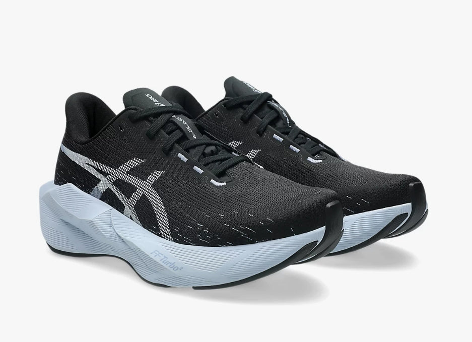 black and blue pair of running shoes