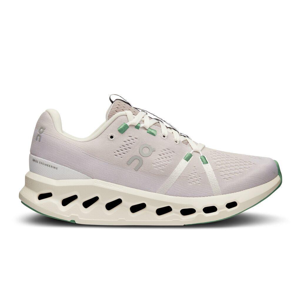 Lateral side view of Women's gray On Cloudsurfer with silver logo and jade green detailing