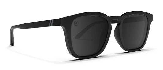 Black sunglasses with dark lenses on a white background