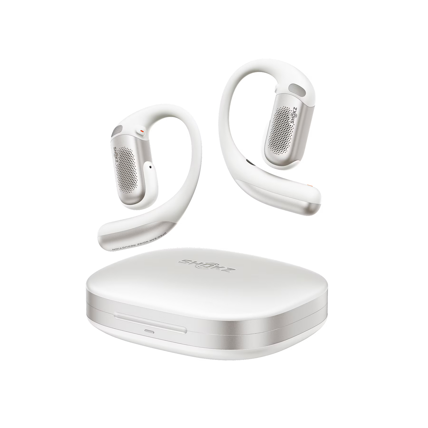 White wireless earbuds with charging case on a white background