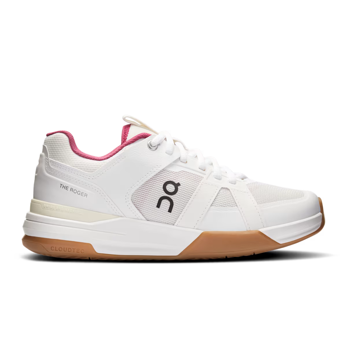 Side view of white women's The Roger Clubhouse Pro with pink accents and gum bottom sole
