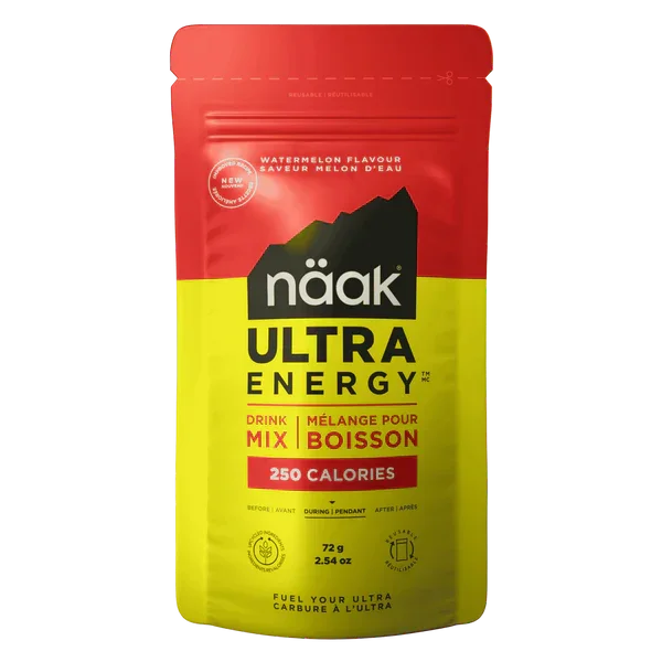 Red and yellow package of naáak Ultra Energy drink mix on a white background