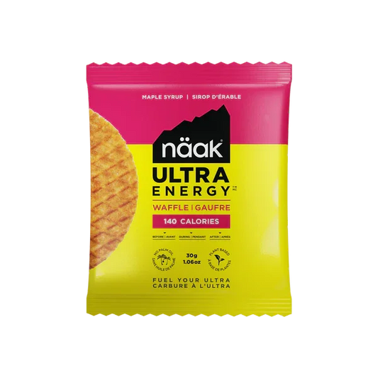 Noak Ultra Energy waffle package with pink and yellow design on a white background