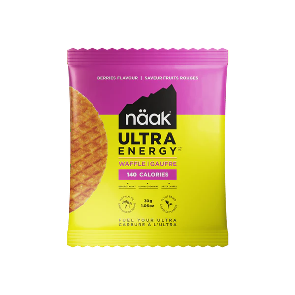 Näak Ultra Energy waffle package with purple and yellow design on a white background