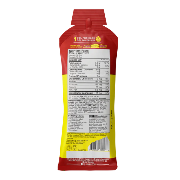 Back view of a red and yellow snack package with nutritional information on a white background